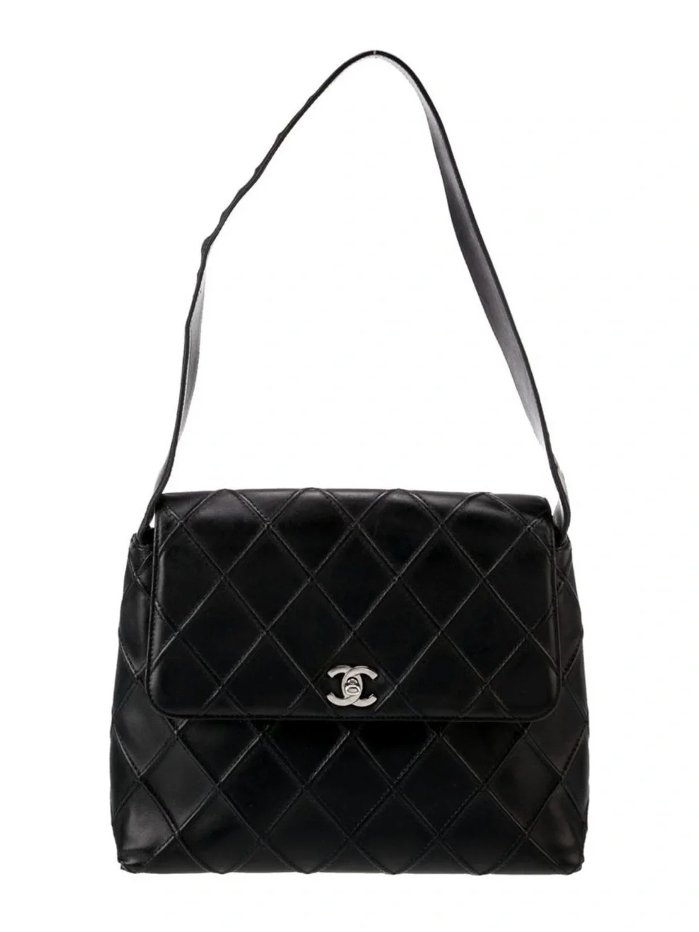 CHANEL Black Quilted Leather Shoulder Bag with Silver CC Hardware